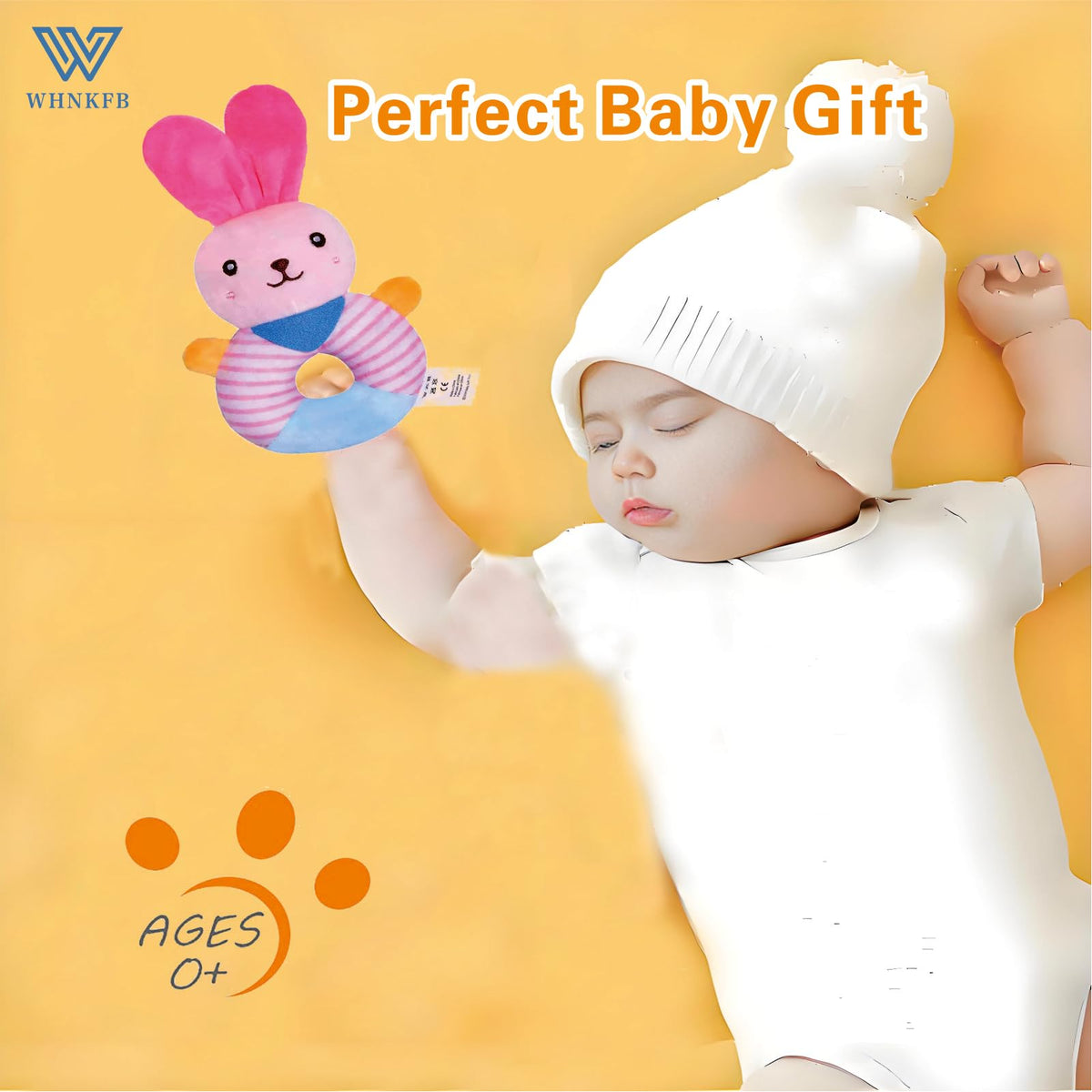WHNKFB Baby Teether Rattle Toy – Soft Bunny Plush with Crinkle Squeaker