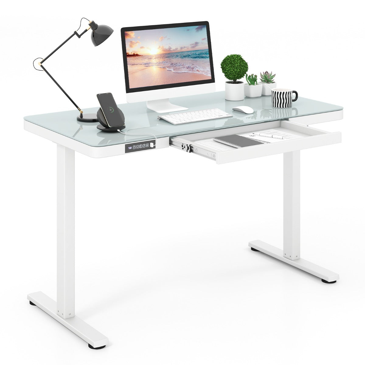 120 x 60 CM Whole-Piece Glass Standing Desk with Drawers, Height Adjustable Desk, Electric Stand up Desk with Writable Tempered Glass Top, USB Type-C Outlets, Memory Presets, Home Office Sit Stand Desk -Black