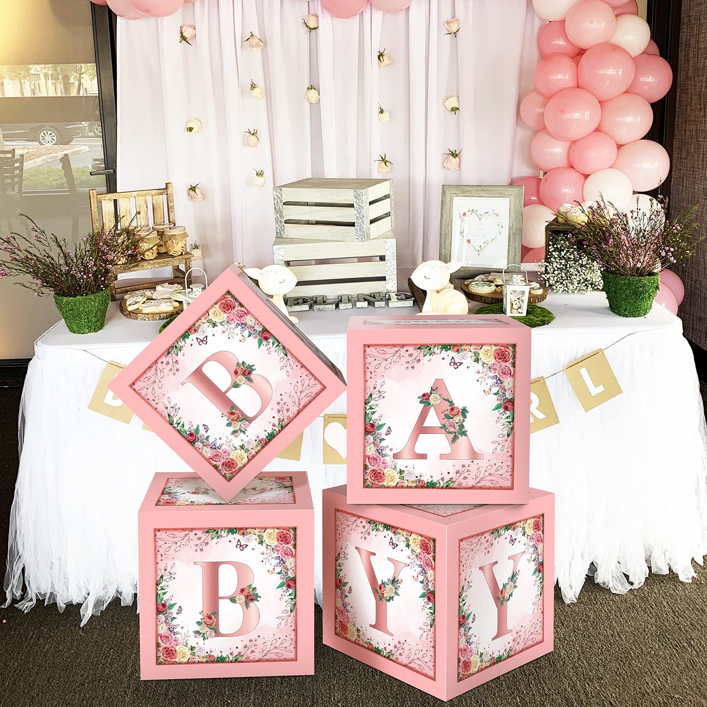 WHYMEO Floral Baby Shower Box – Pink Centerpiece & Rose Gold Blocks for Girls