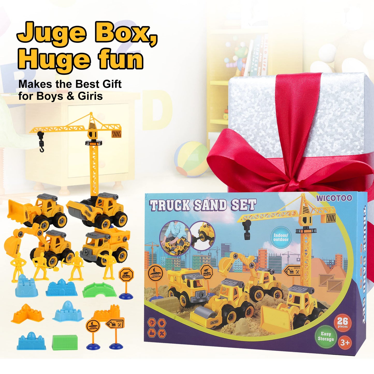 WICOTOO Sand Construction Kit with Magic Sand, 4 Take-Apart Trucks, Tower Crane, 8 Molds (Ages 4–8)