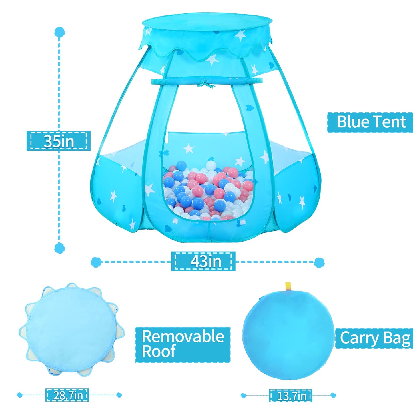 Wilhunter Baby Ball Pit Tent with 50 Balls — Pop-Up Indoor/Outdoor Play Tent (Pink/White/Baby Blue) 109x90 cm