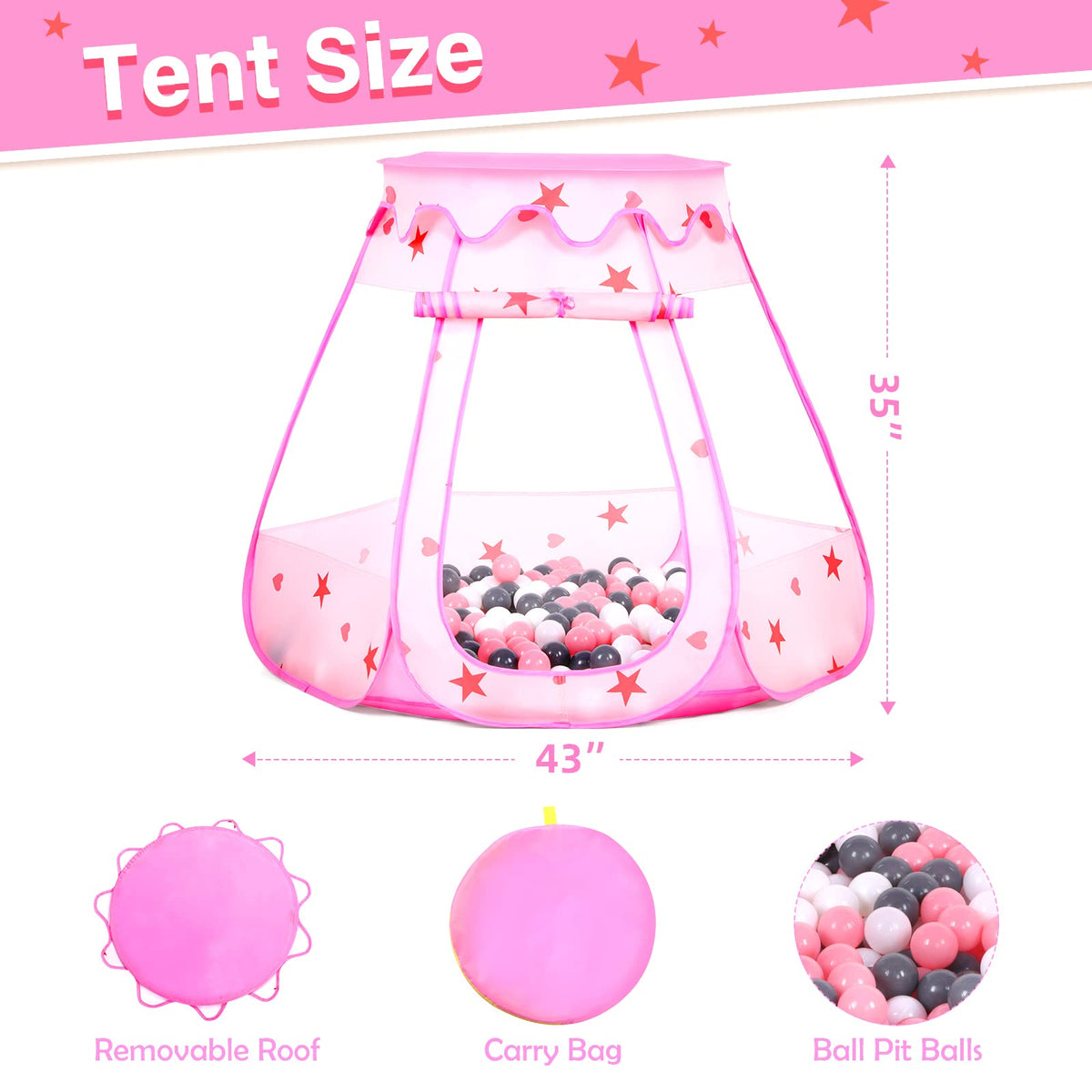 Wilhunter Baby Ball Pit Tent with 50 Balls – Pop Up Play House for Toddlers (Pink)