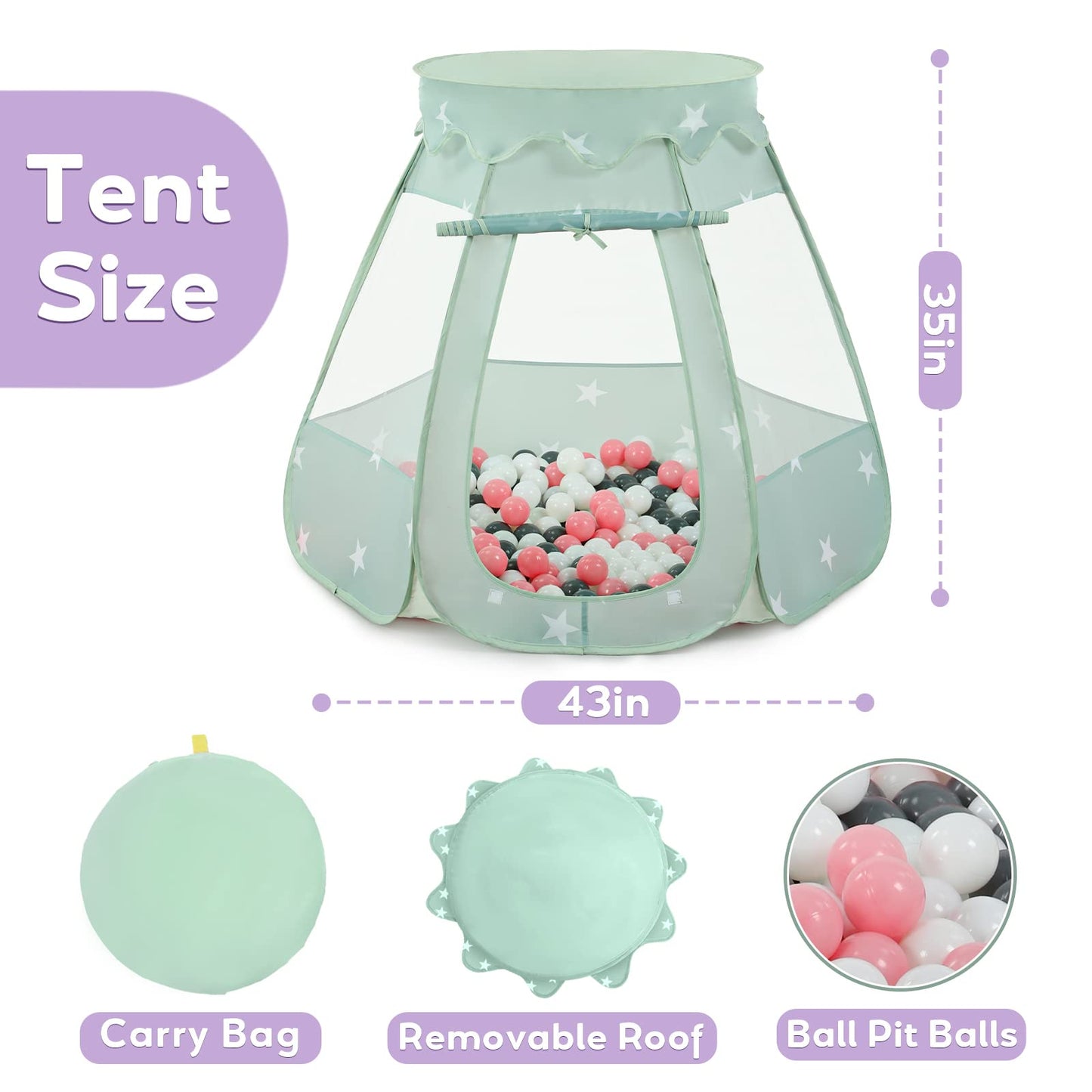 Wilhunter Baby Ball Pit Tent with 150 Balls — Pop Up Toddler Playhouse for Indoor & Outdoor Fun (Celadon Pink/White/Gray)