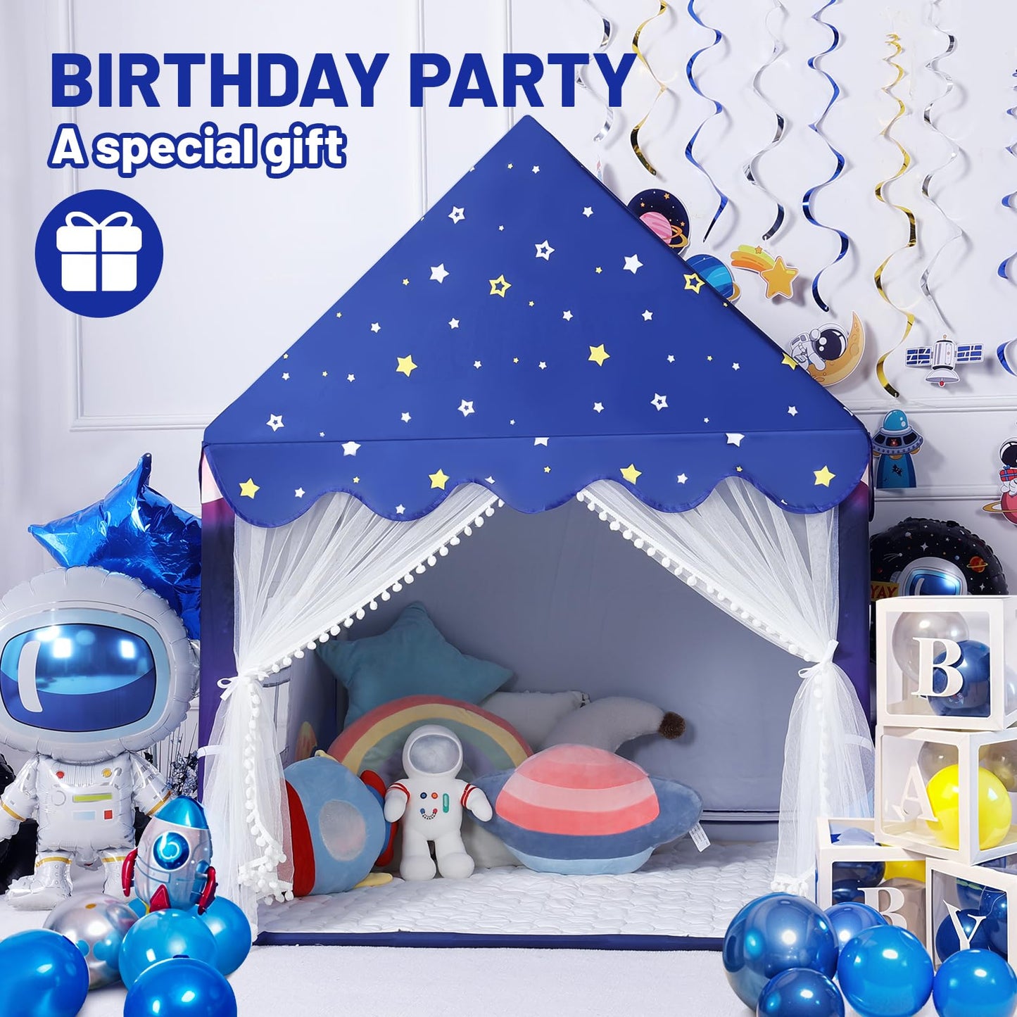 Wilwolfer Space Kids Tent Indoor with Mat & Star Lights – Rocket Ship Play Tent