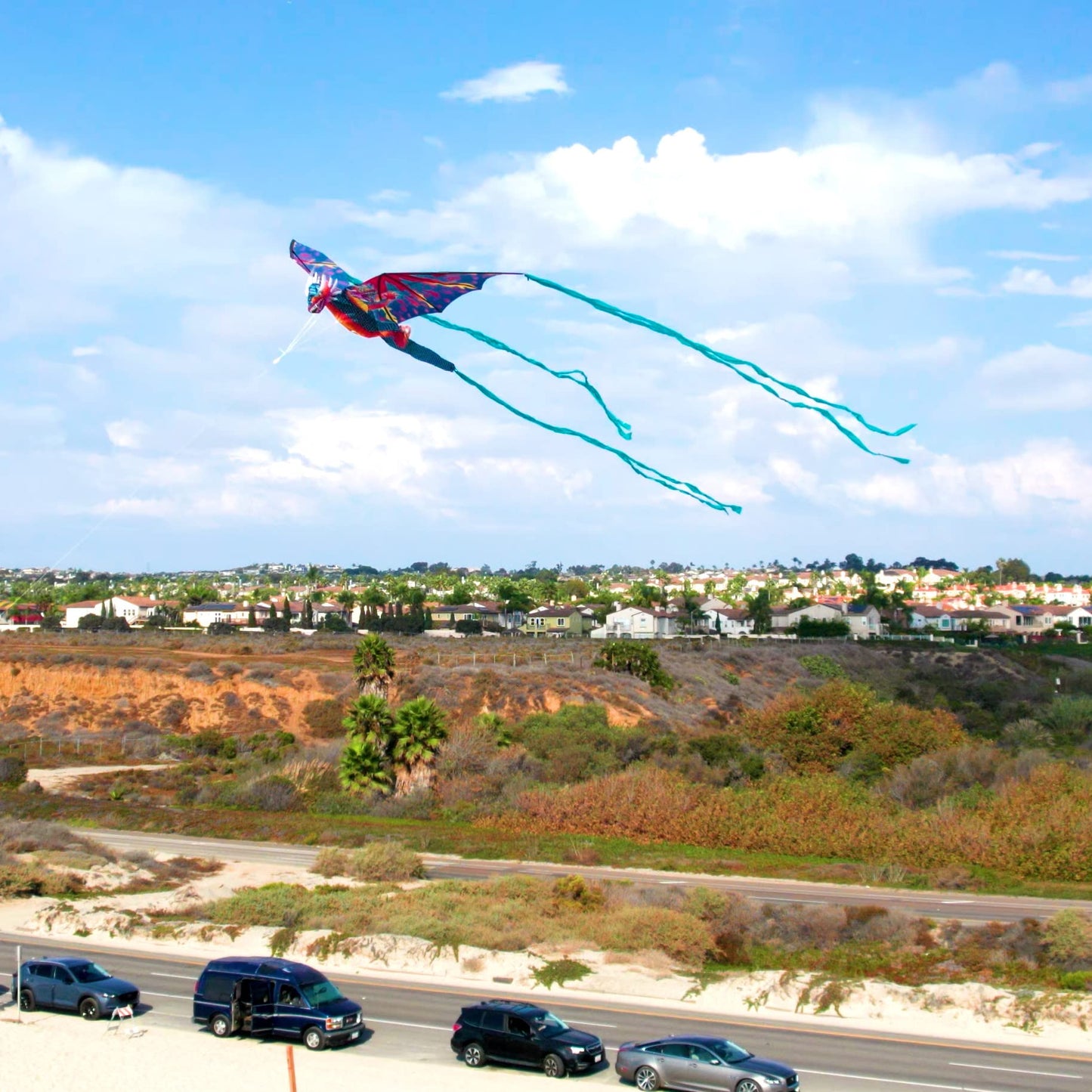 WindNSun Supersized Three-Headed Dragon 3D Kite — 76in Wingspan, Fiberglass Frame, Vibrant Colors