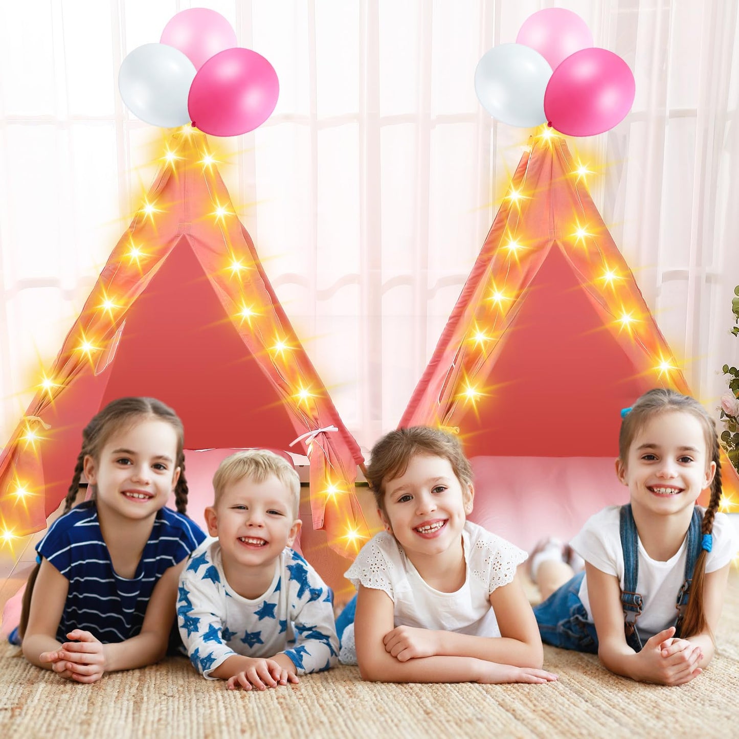 Windyun 4 Pack Kids Teepee Tent Set – Sleepover Tents with Mattresses, Lights & Trays (Pink)
