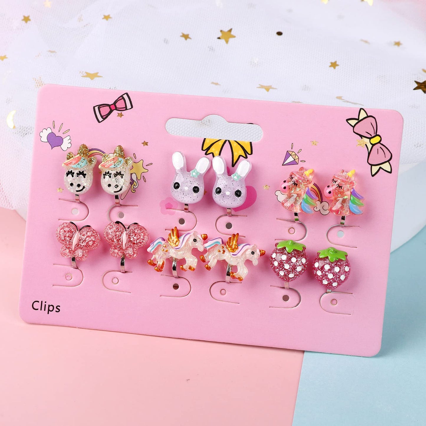 Wingchold Unicorn Clip-On Earrings for Little Girls - 6 Pairs Set with Butterfly & Strawberry