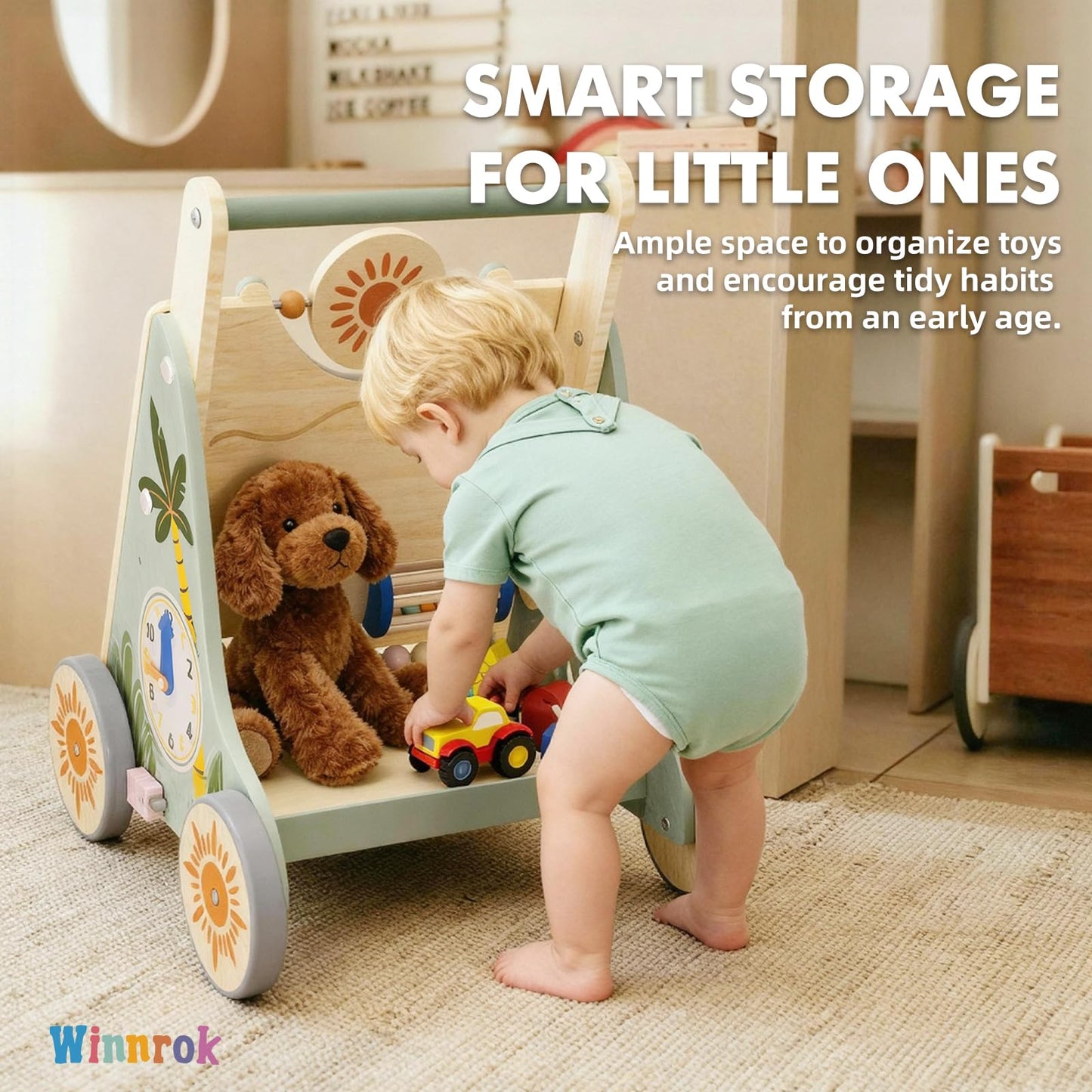 Winnrok Wooden Baby Walker – Adjustable Height, Quiet Wheels, Montessori Sit-to-Stand