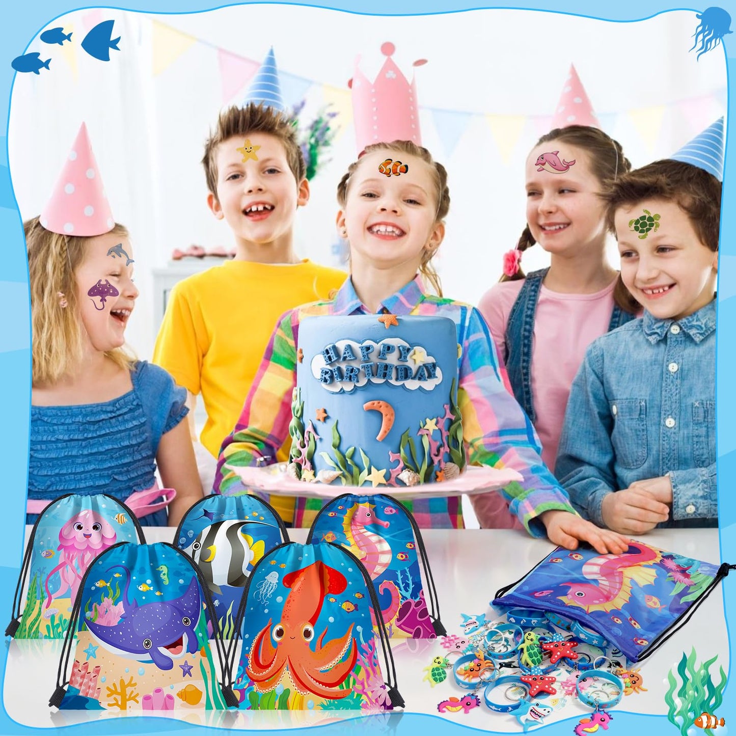 Winrayk 12 Sets Under the Sea Party Favors — Drawstring Bags, Silicone Wristbands, Glow Tattoos & Keychains