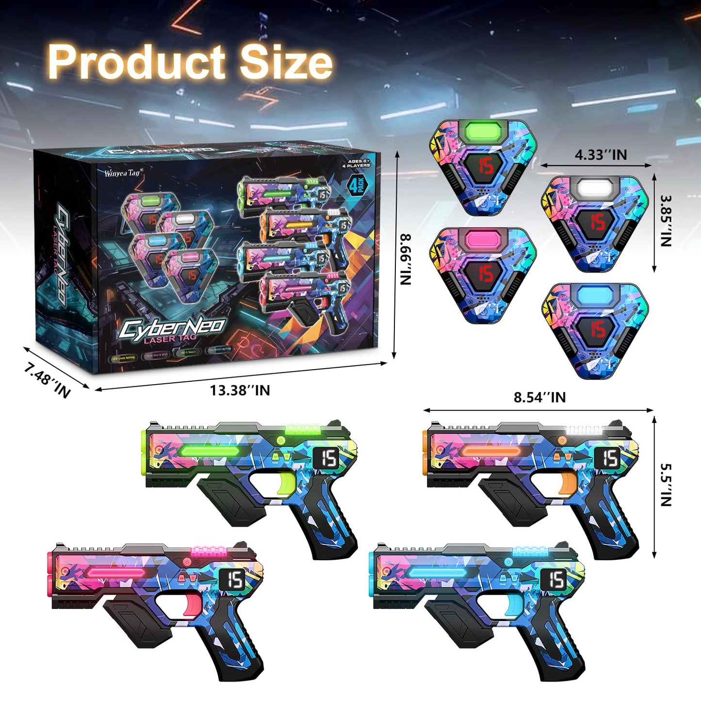 Winyea Tag Laser Tag Set of 4 – LED Cyberpunk Guns & Vests, 150 ft Range, 1–99 Lives