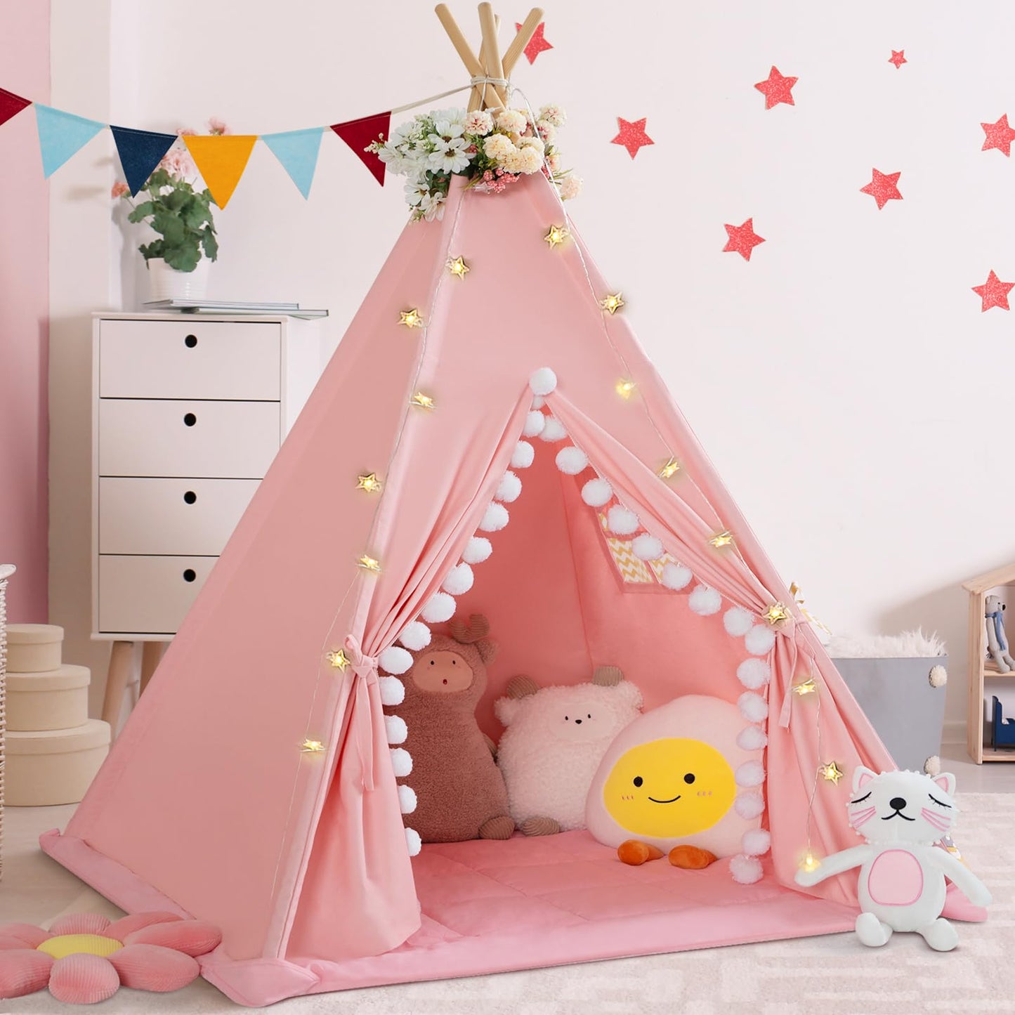 Wirhao Teepee Tent for Kids with Padded Mat – Cotton Canvas Indoor Play Tent (Pink)