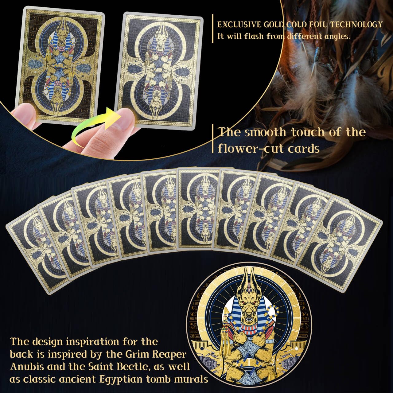 WJPC Gold Cold Foil Edge Playing Cards – Flower-Cut, Ancient Egypt Theme, 54-Card Deck
