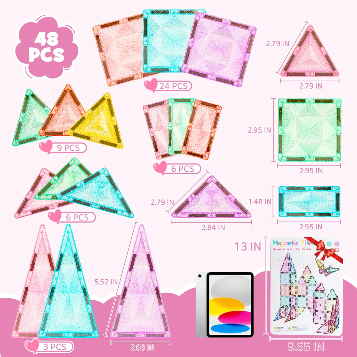 WMXDU Large Pastel Magnetic Tiles – 48 Pcs with Travel Box (Ages 3-8)