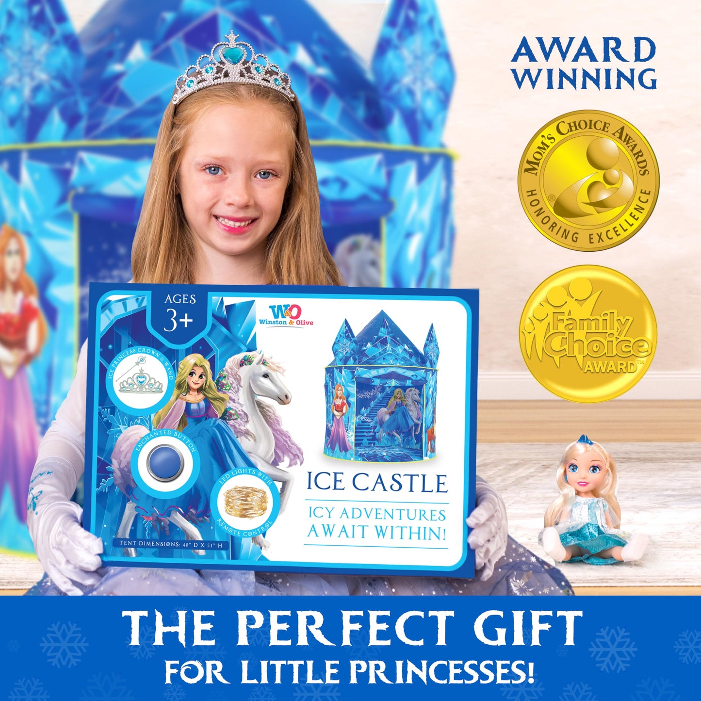W&O Frozen Princess Tent with Sound Button, LED Lights, Crown & Wand – Indoor & Outdoor Play for Girls 3–7