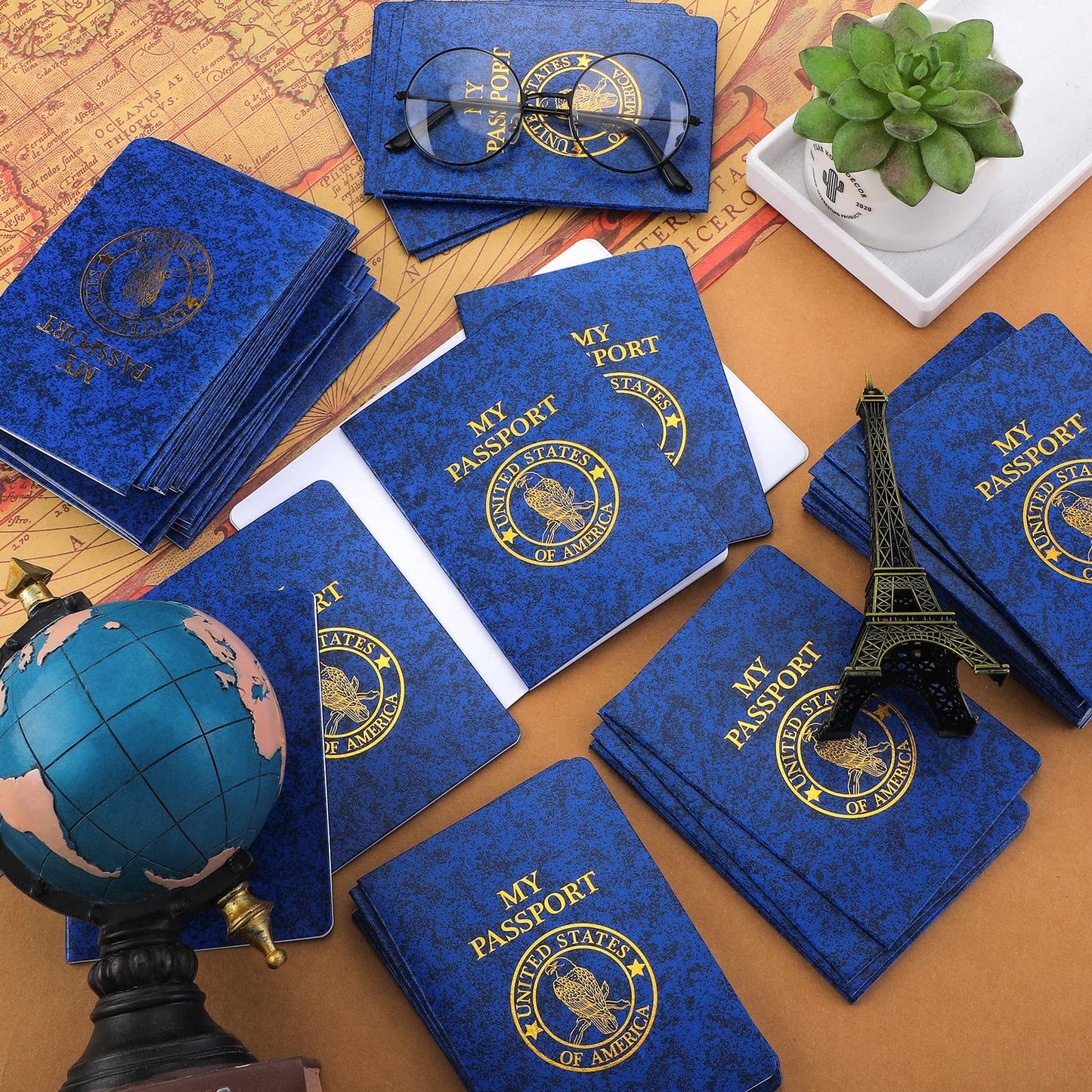 Woanger 50 Pcs Blank Passport for Kids – Blue Travel-Themed Passport Notebook 4 x 5.5 Inch (Classic)