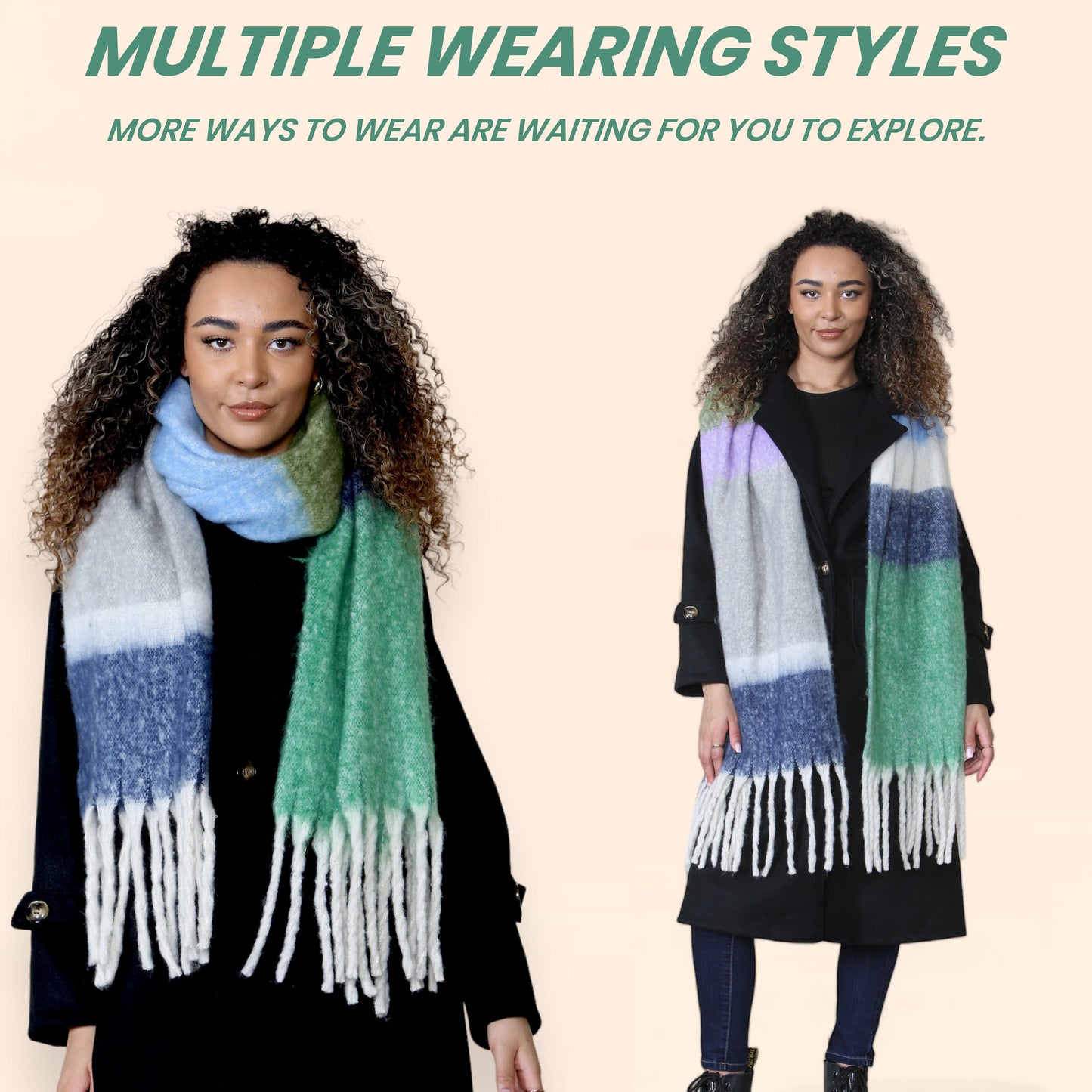 Women’s Green Blue Chunky Knit Bright Plaid Blanket Scarf Long Winter Wrap Warm Striped Shawl with Tassels Gift for Ladies by Daisy Dreamer