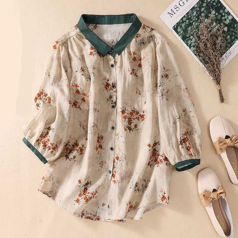 Women's Cotton And Linen Top, Loose Printed Linen Shirt