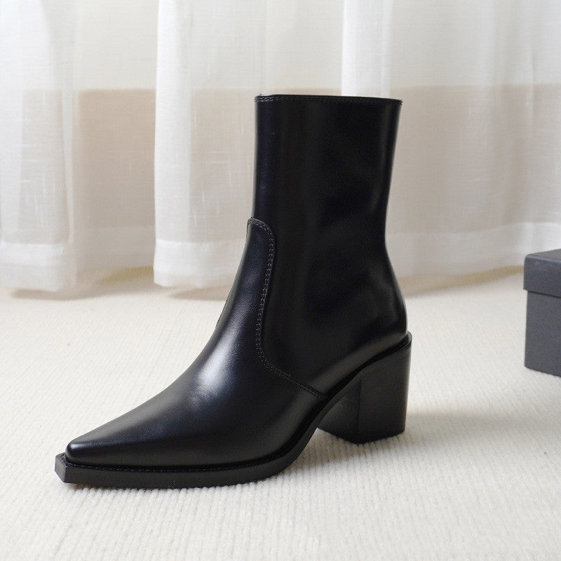 Pointed Toe Leather High Heel Ankle Boots - Black