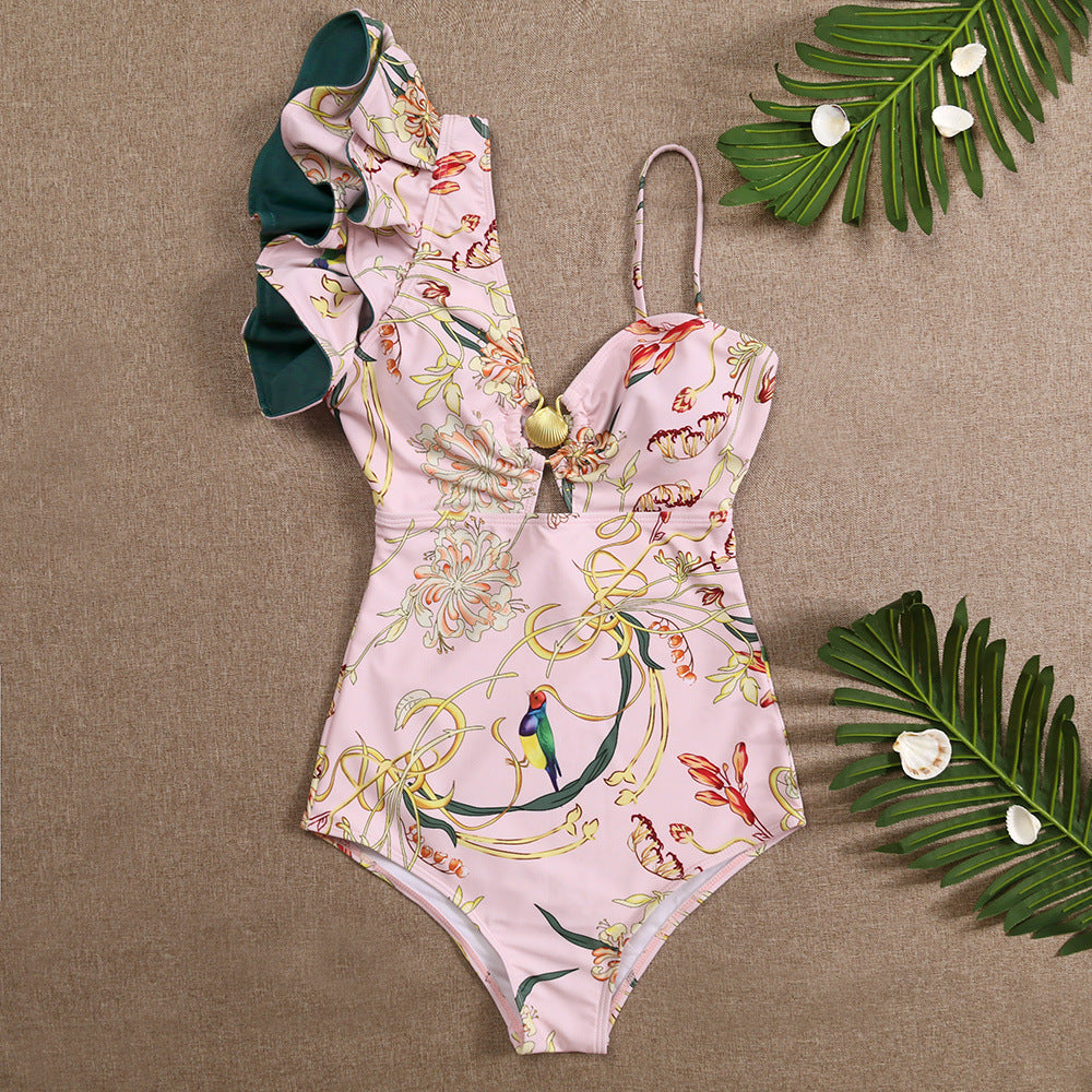 Women's One Shoulder Ruffled Edge Swimsuit