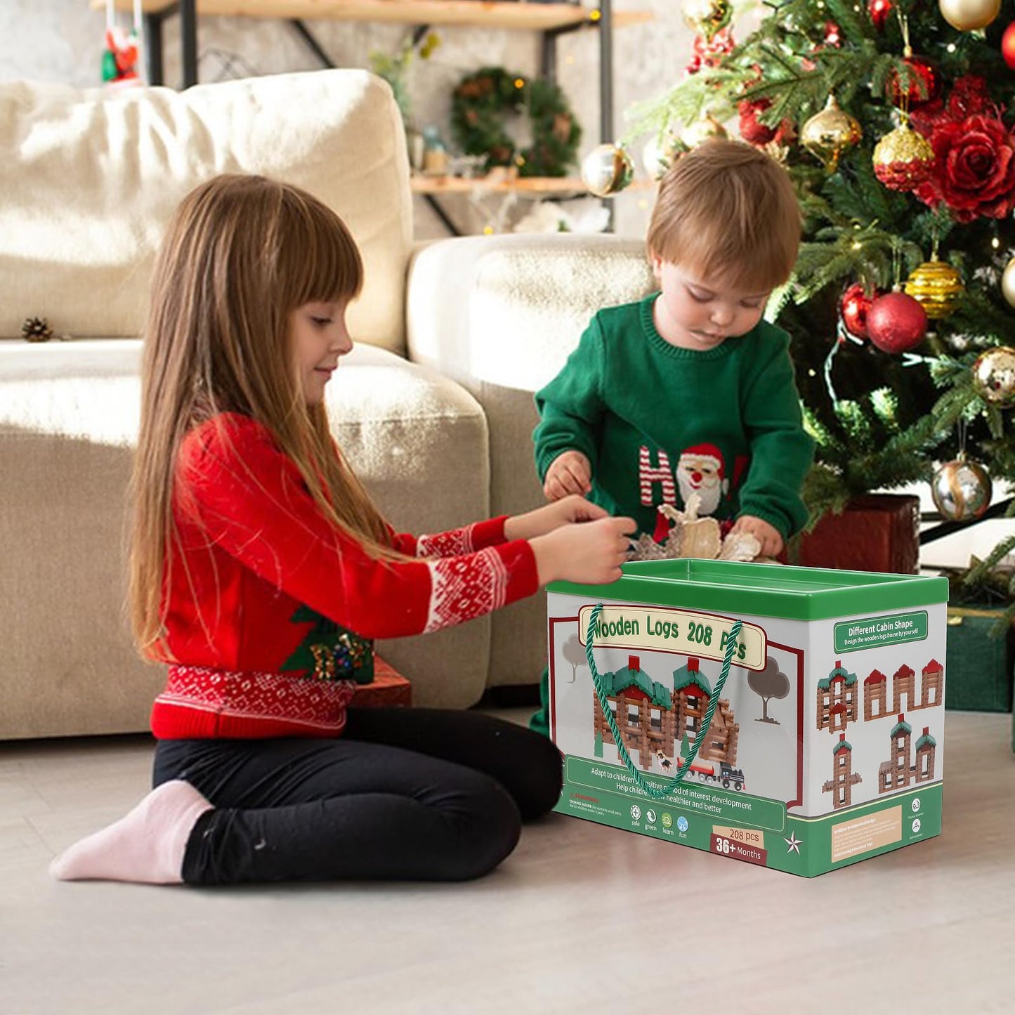 Wondertoys 208 Pcs Wooden Log Set – Classic Building Logs for Ages 3+