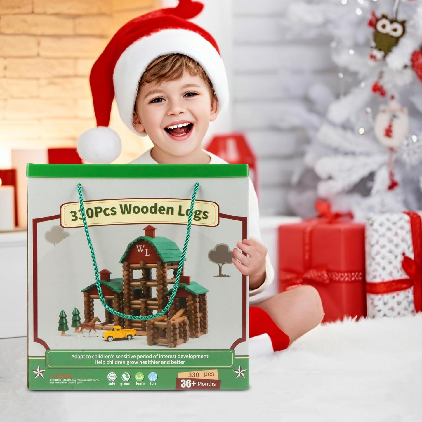 Wondertoys 330 Pcs Wooden Log Set – Real Wood Logs, Portable Carry Case, Educational Building Toy (Ages 3+)