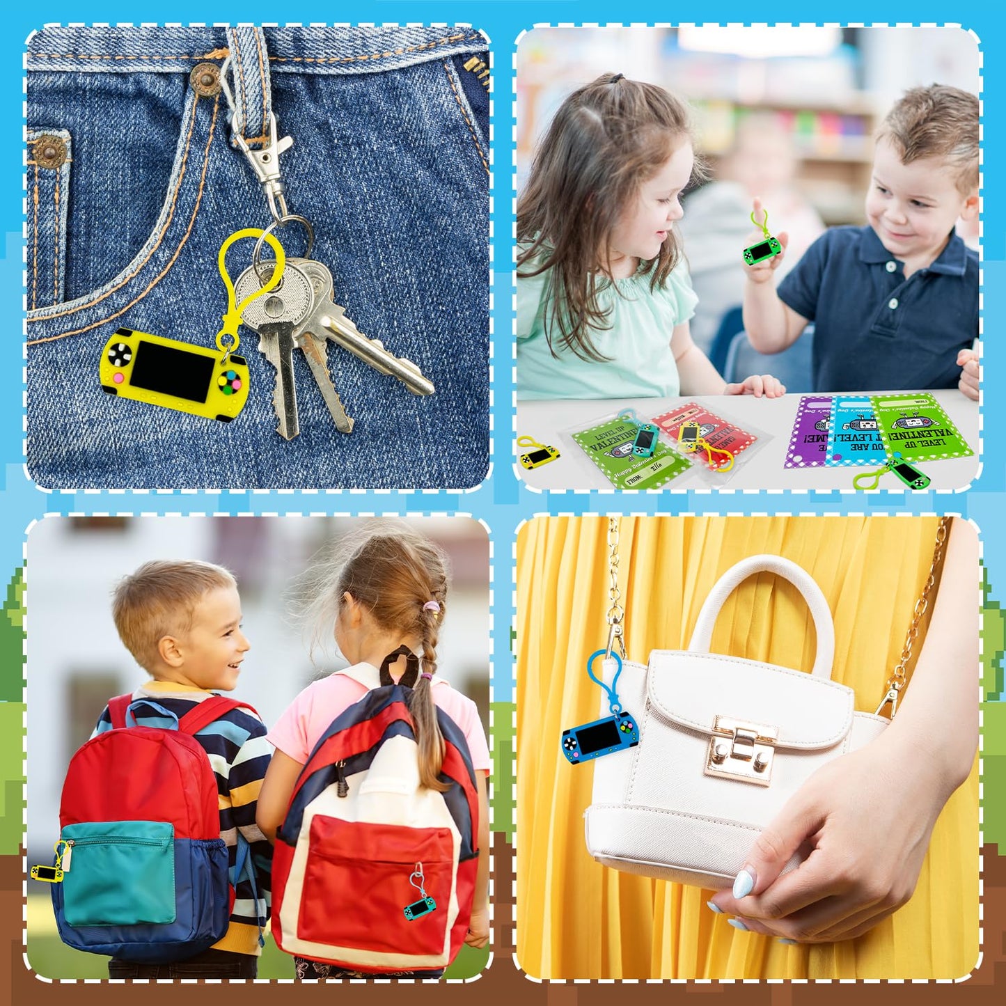 Wondrus Valentines Day Classroom Gifts — 24-Pack Video Game Keychains & Exchange Cards for 3rd–5th Grade