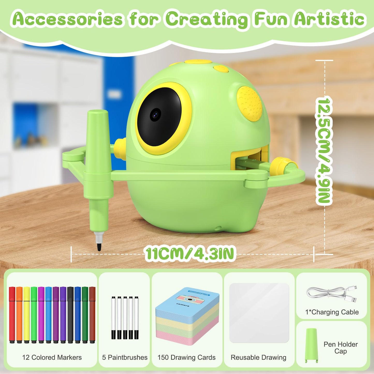 Wonovate Smart Drawing Robot for Kids - 150 Cards, No-Projector Art Toy (Green)