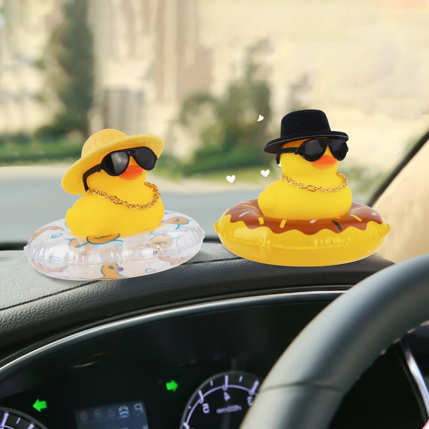 Wonuu Car Rubber Duck: Yellow Dashboard Decoration with Sun Hat, Sunglasses
