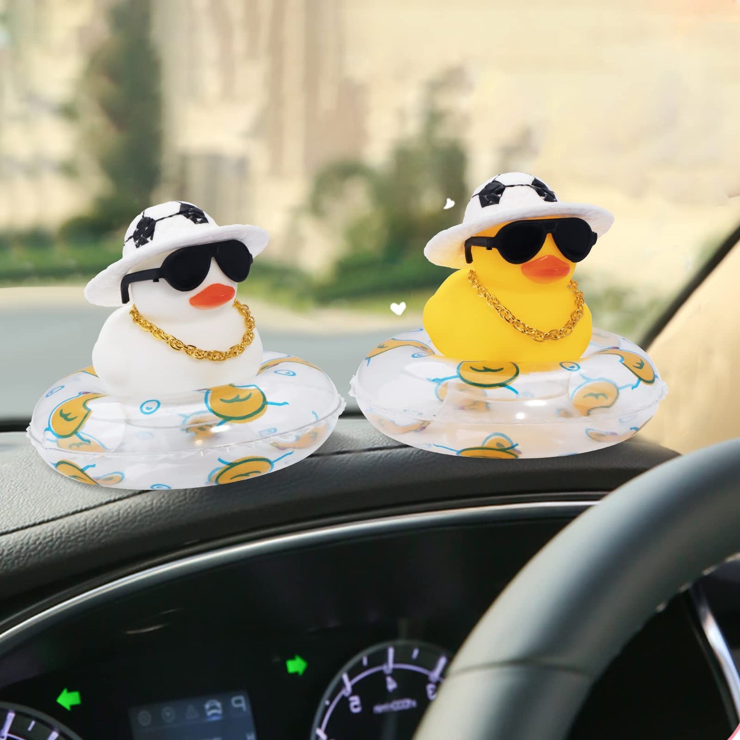 wonuu Car Rubber Duck – Yellow Dash Ornament with Sun Hat, Sunglasses, Necklace & Swim Ring