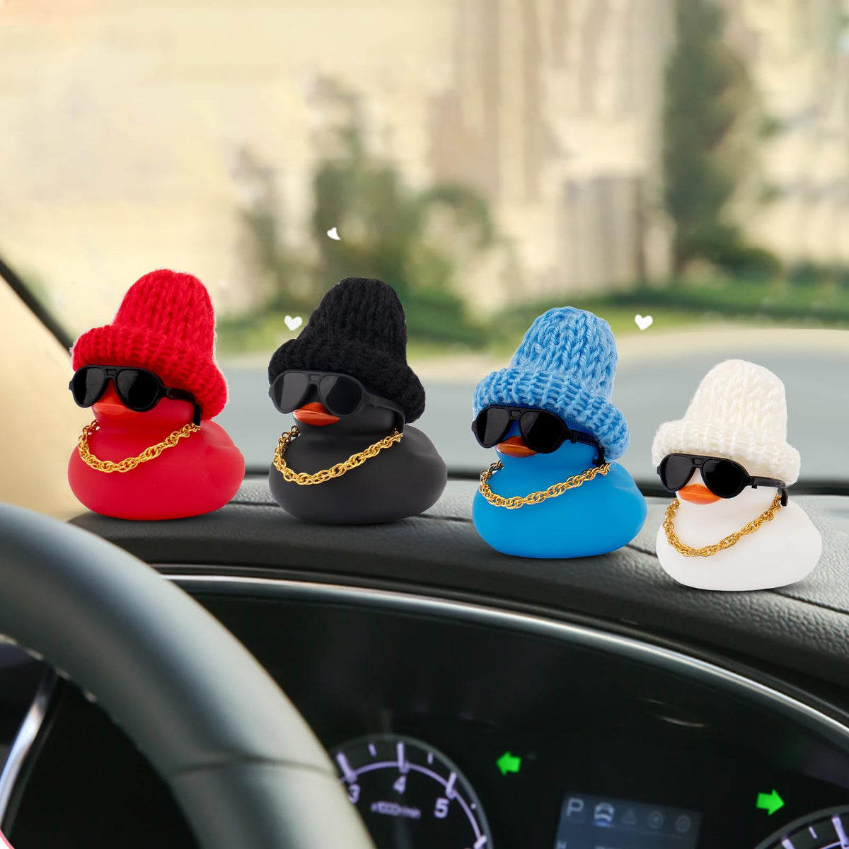 wonuu Car Dashboard Colorful Rubber Ducks – Christmas Knit Hat Car Ornament with Glasses & Necklace