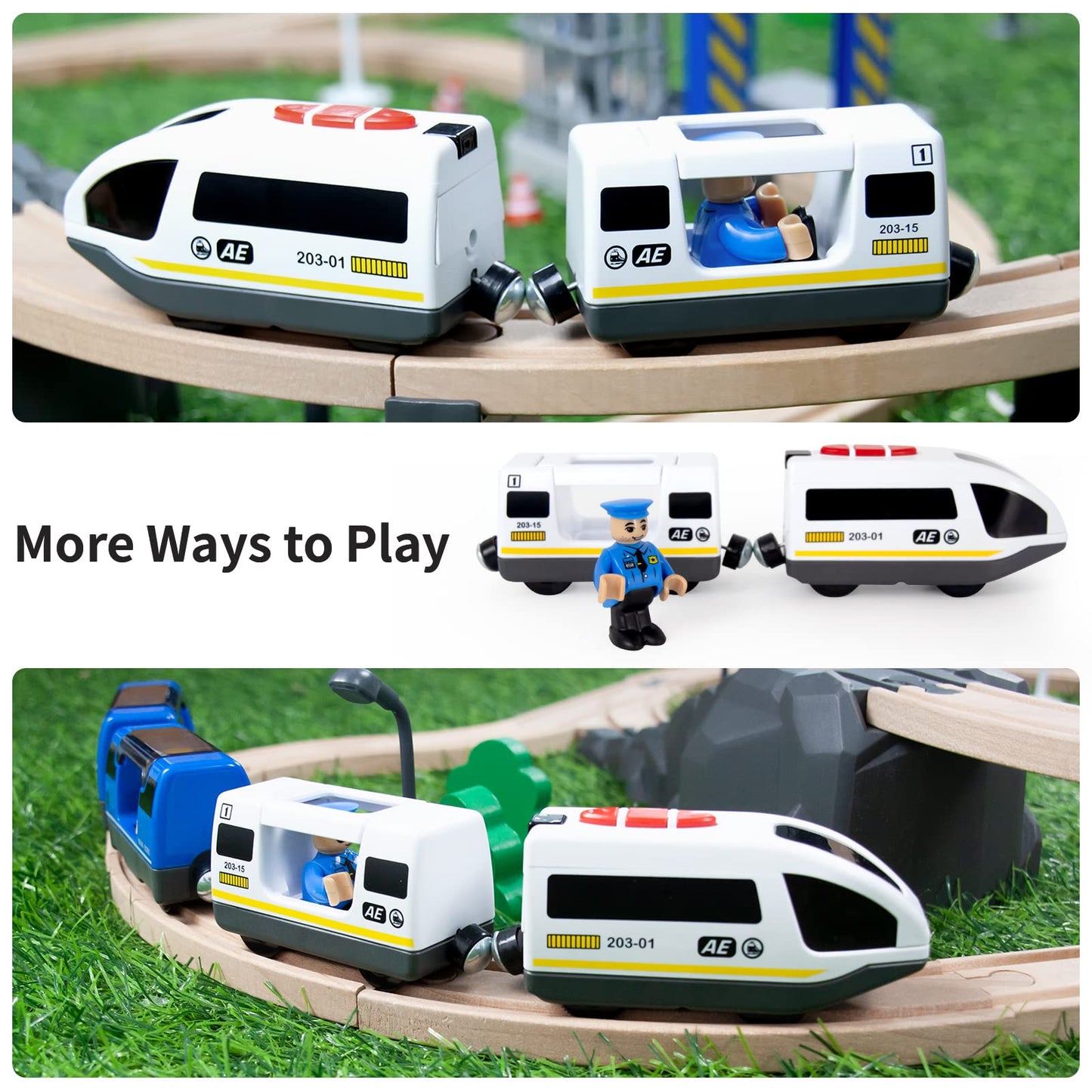 WOOD CITY Battery Operated Train for Wooden Track – Powerful Locomotive, Lights,Compatible with Thomas & Brio