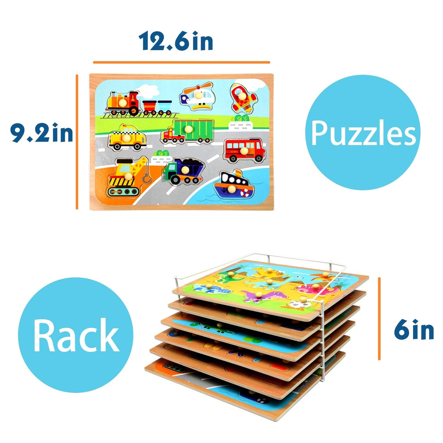 WOOD CITY Toddler Puzzles & Storage Rack Set – Alphabet, Numbers, Shapes, Dinosaur, Animal & Vehicle