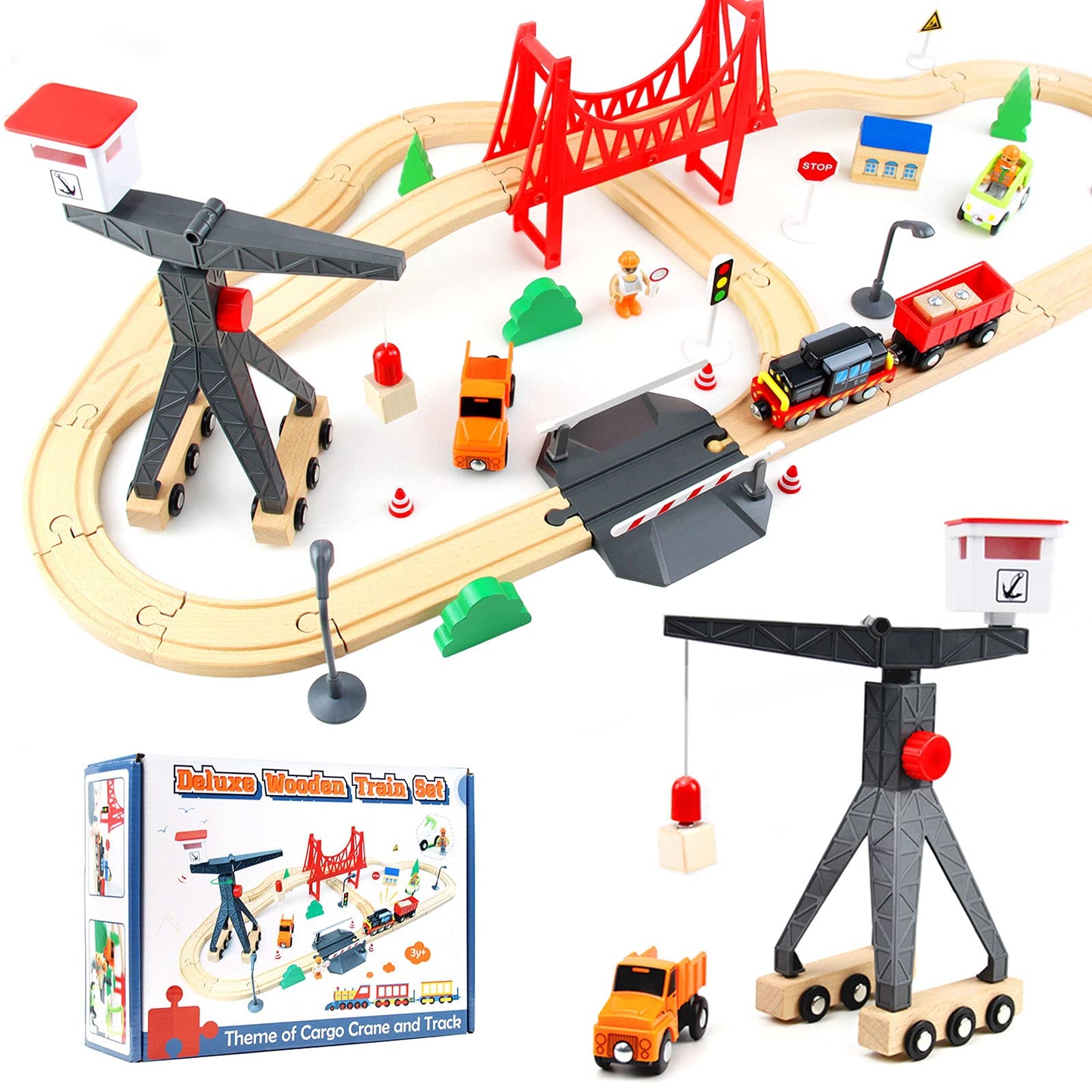 WOOD CITY 56-Piece Deluxe Wooden Train Set – Cargo Theme with Tower Crane & Suspension Bridge