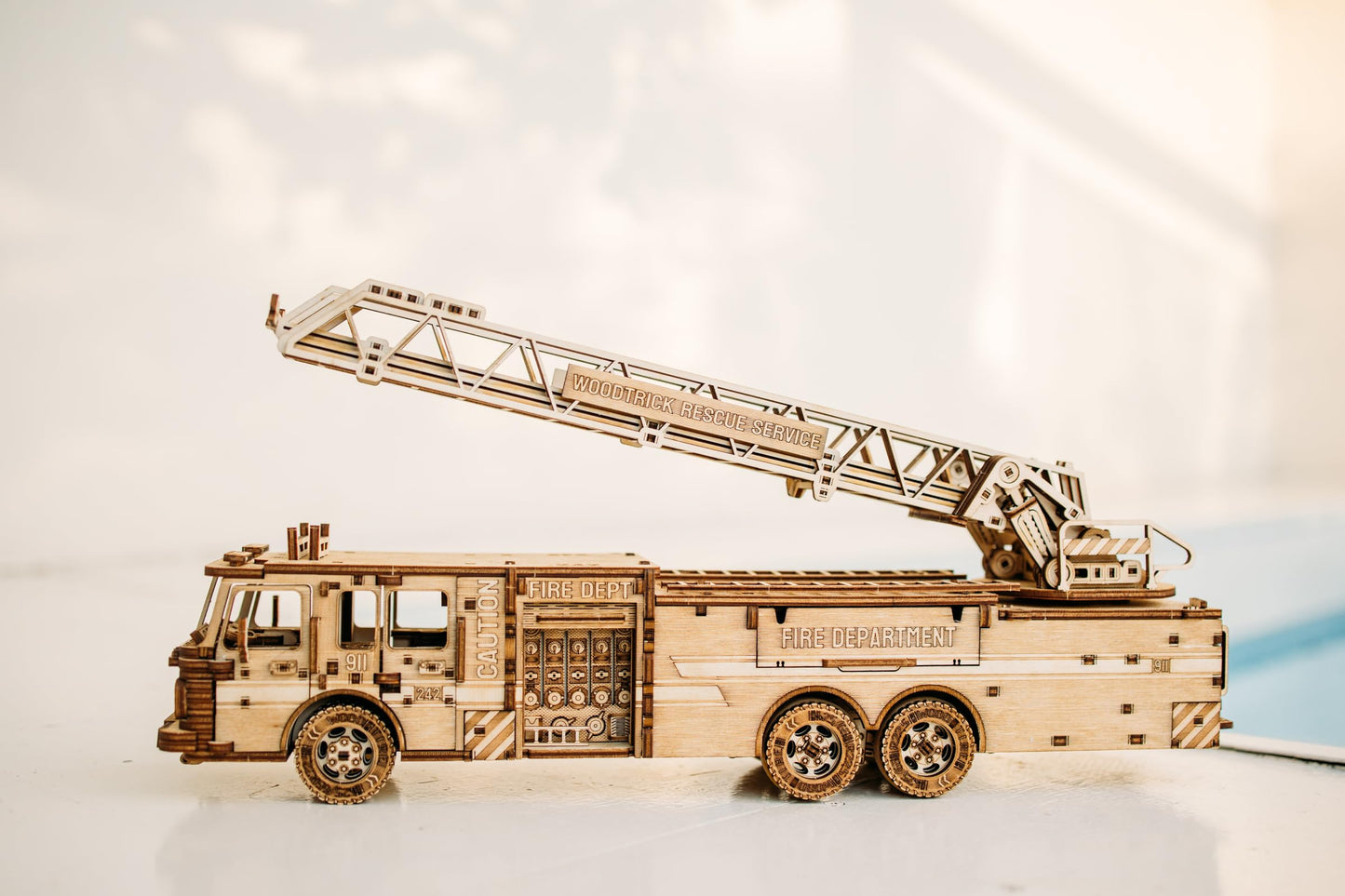 Wood Trick Rescue Firetruck Movable – 3D Wooden Model Kit with Rotating Ladder