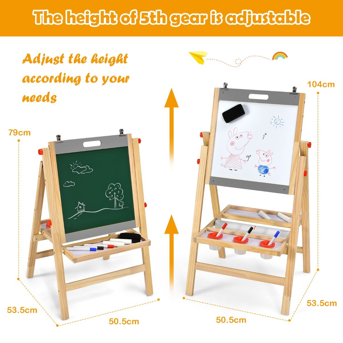 3-In-1 Wooden Kids Easel with Double Boards and Storage Tray-Grey
