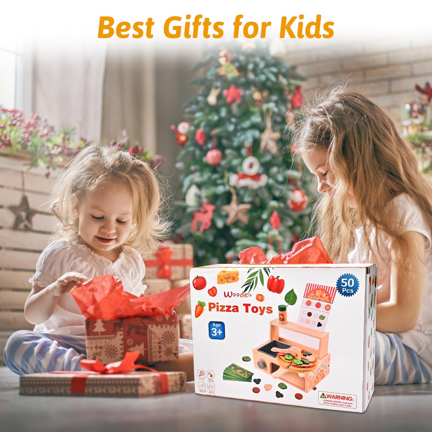Wooderma 50-Piece Wooden Pizza Toy Set | Montessori Pretend Play with Oven & Accessories