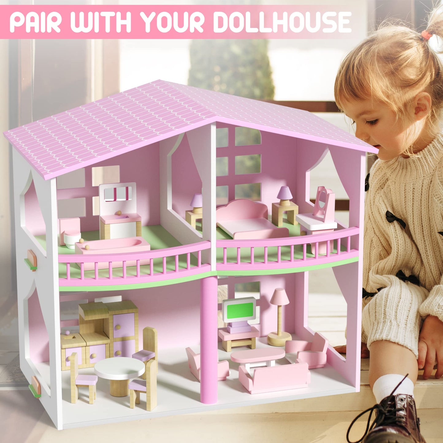 WOODMAM Wooden Dollhouse Furniture Set – 22-Piece, 1:12 Scale with 5 Room Kits