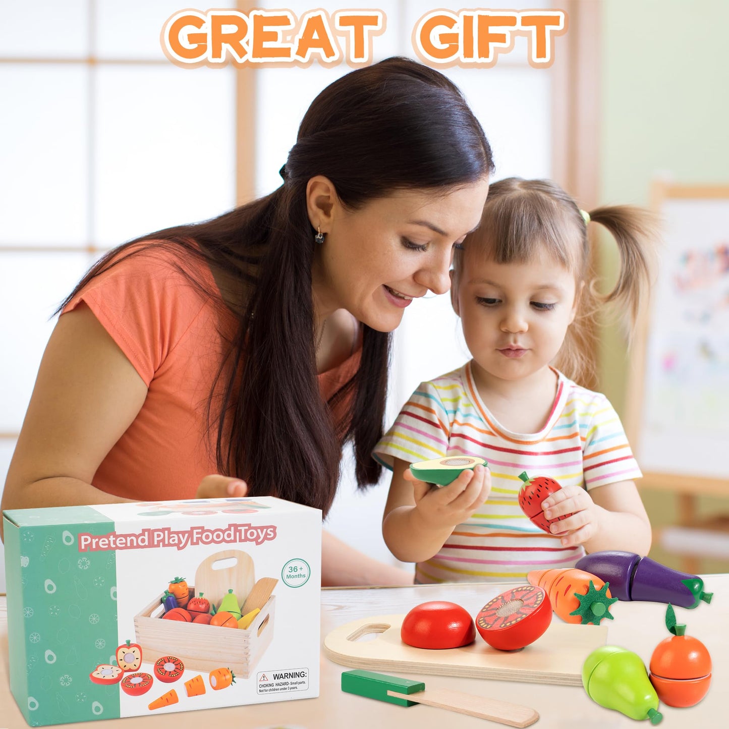WOODMAM Wooden Play Food & Cutting Set for Toddlers – Pretend Kitchen
