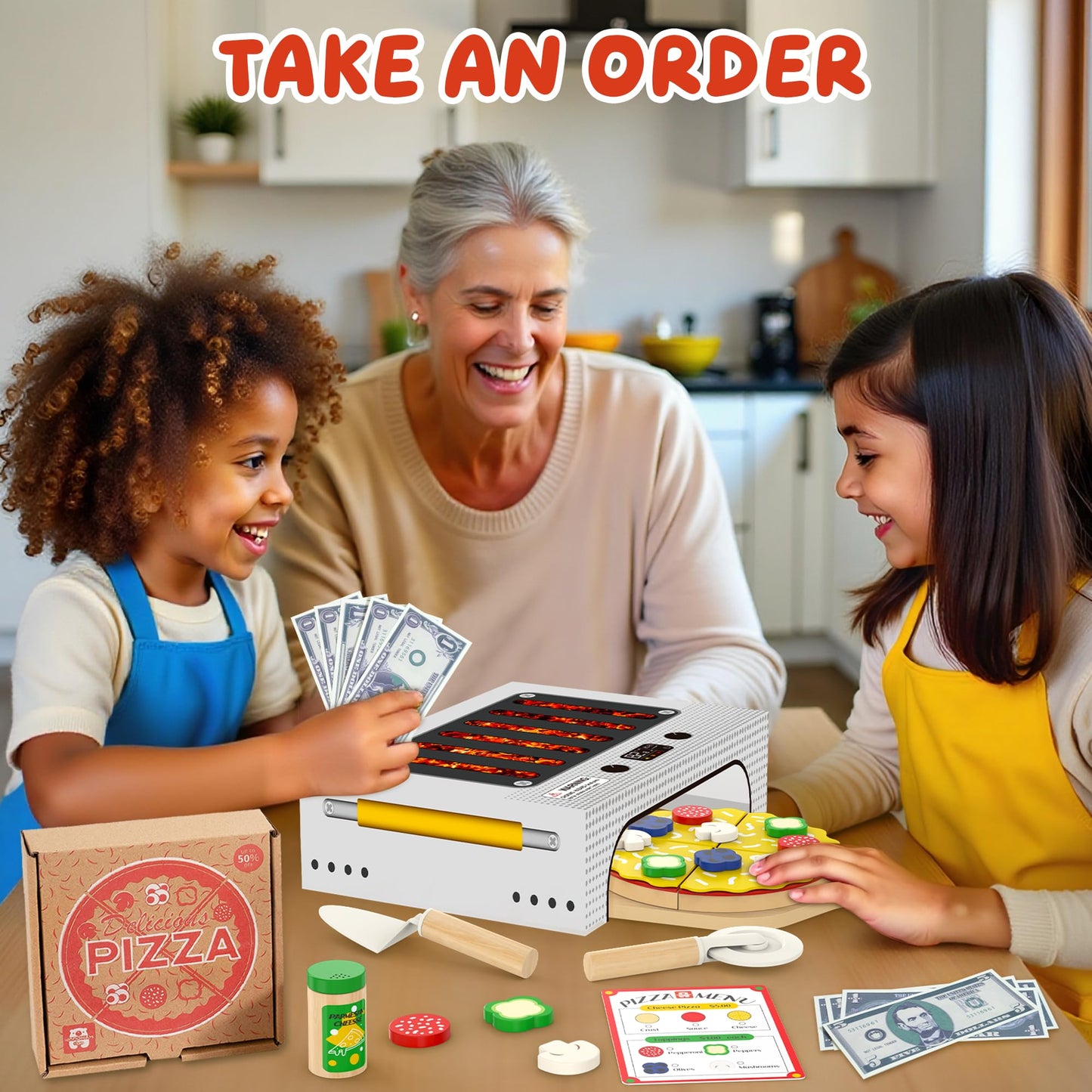 WOODMAM Pizza Toy Set | Montessori Realistic Play Food with Oven Box for Kids Ages 3–6