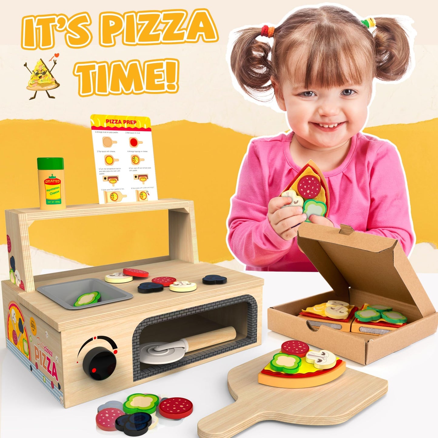 WOODMAM 48-Piece Wooden Pizza Toy – Montessori Pretend Play with Bake Oven