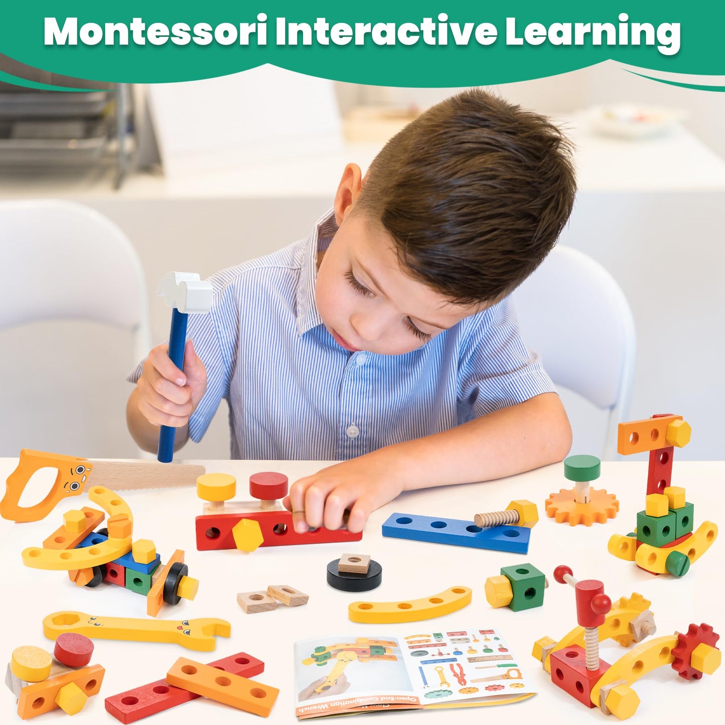 WOODMAM Kids Tool Set — 90-Piece Wooden Toy Kit with Box & Flash Cards (Ages 3–5) | FSC Certified