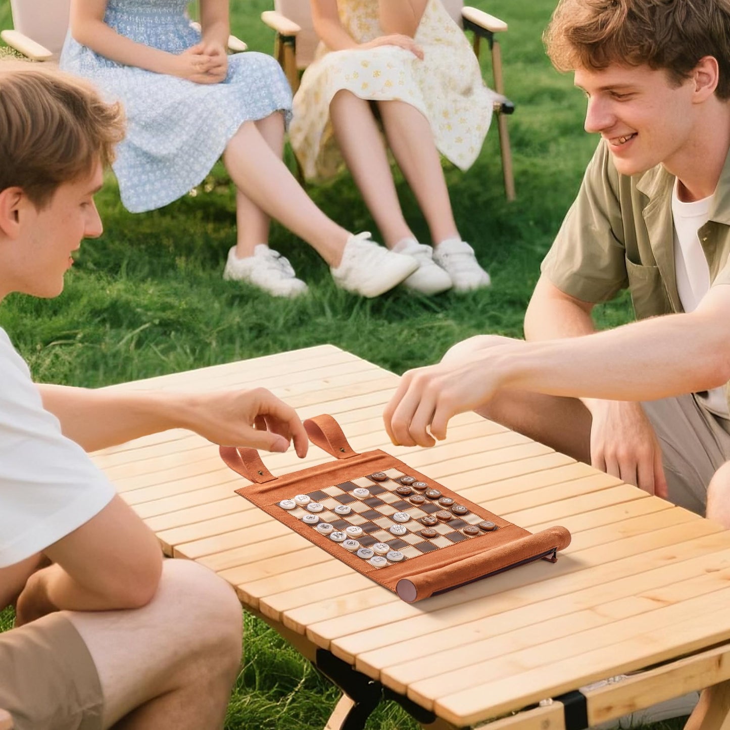 Woodronic 3-in-1 Travel Chess Backgammon Checkers Set | Roll-Up Leather Board, 32 Pearl Pieces