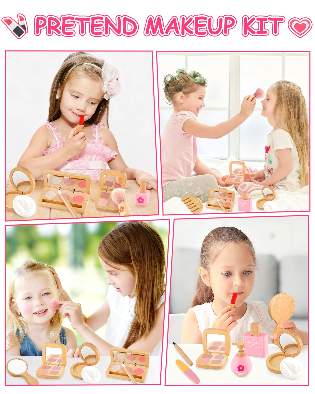 WoodsyJoy Wooden Pretend Makeup Kit for Girls 3–5 — 14-Piece Safe, Mess-Free Playset with Mirror & Bag