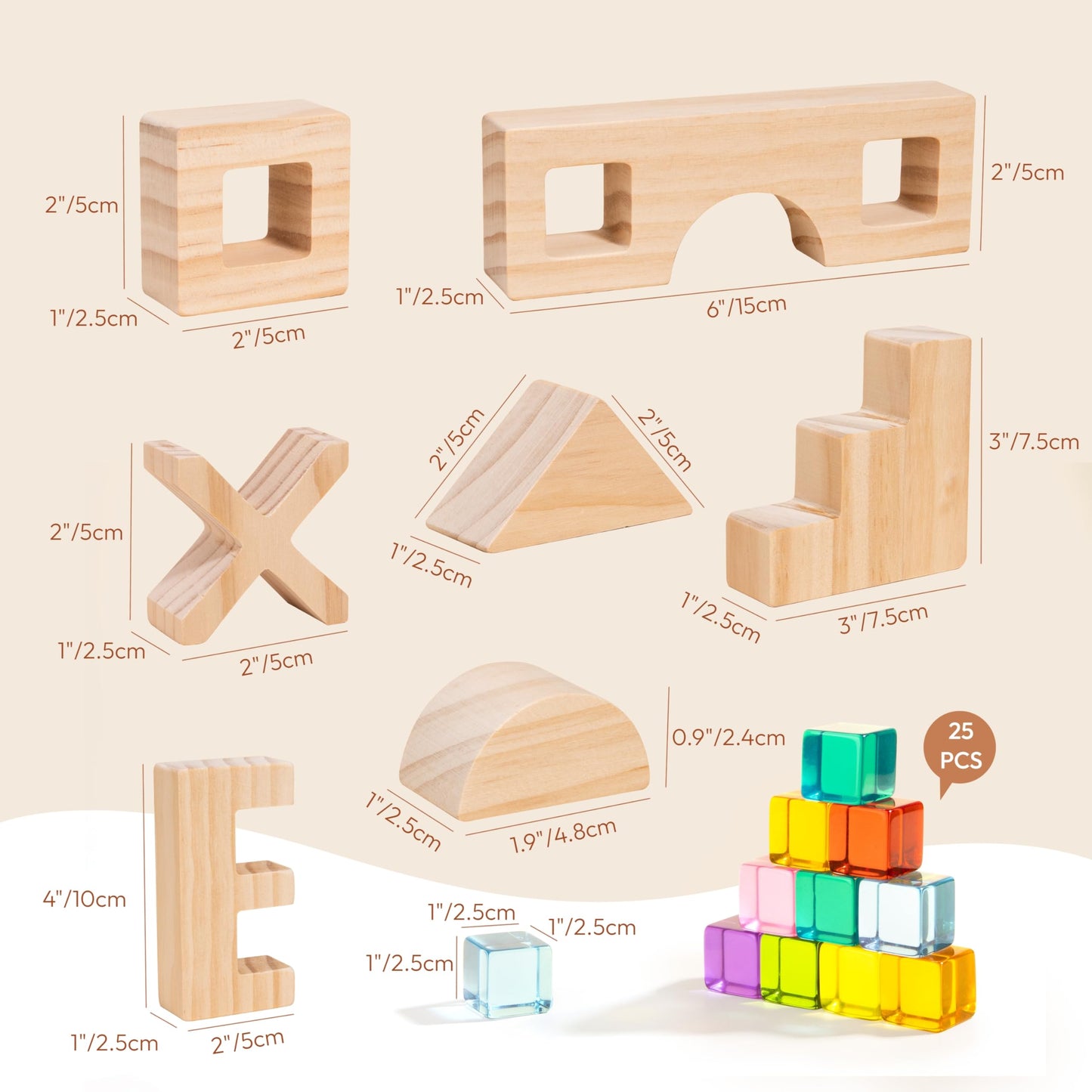 Woodtoe Rainbow Wooden Blocks Set – 22 Blocks + 25 Gem Cubes, Montessori STEM Toy (3-6)
