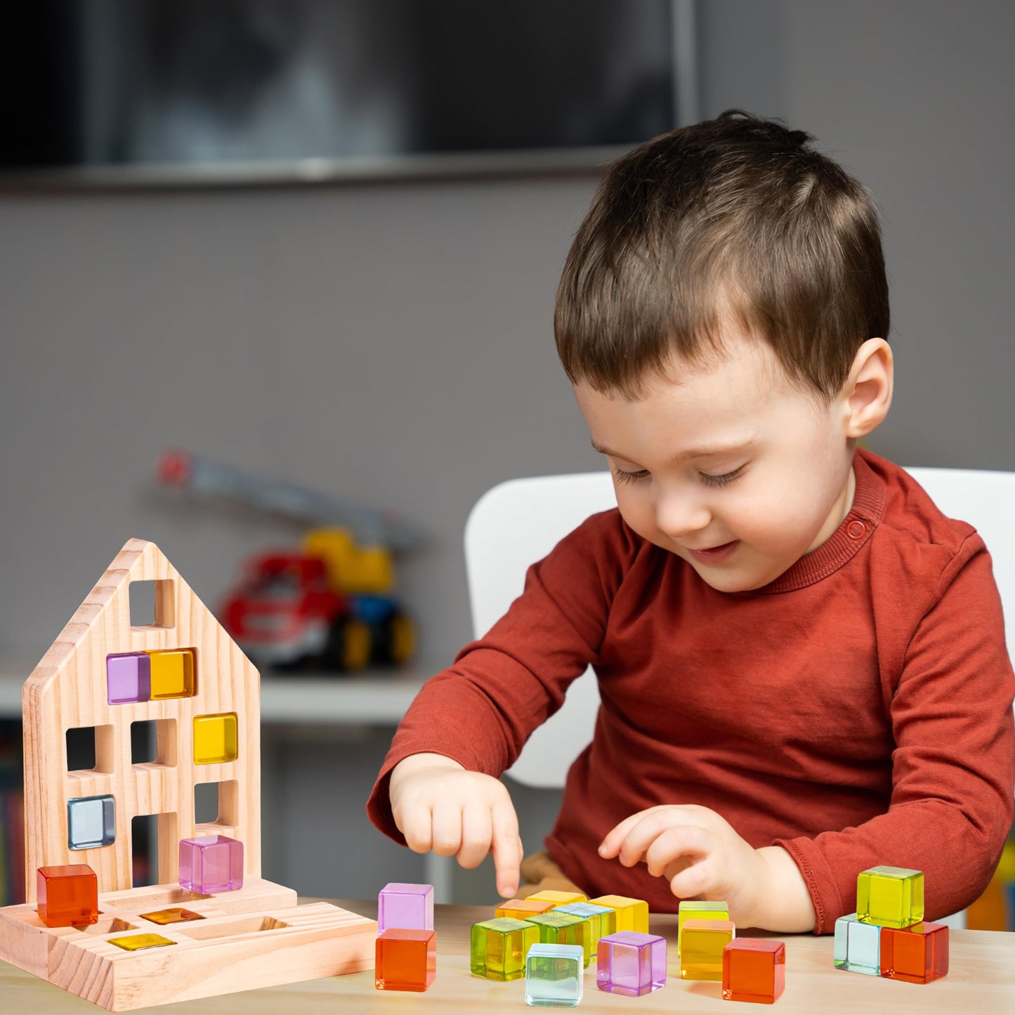 Woodtoe Wooden Building Blocks Set – 24 Rainbow Gem Cubes, Montessori STEM Toy for Toddlers 3-6