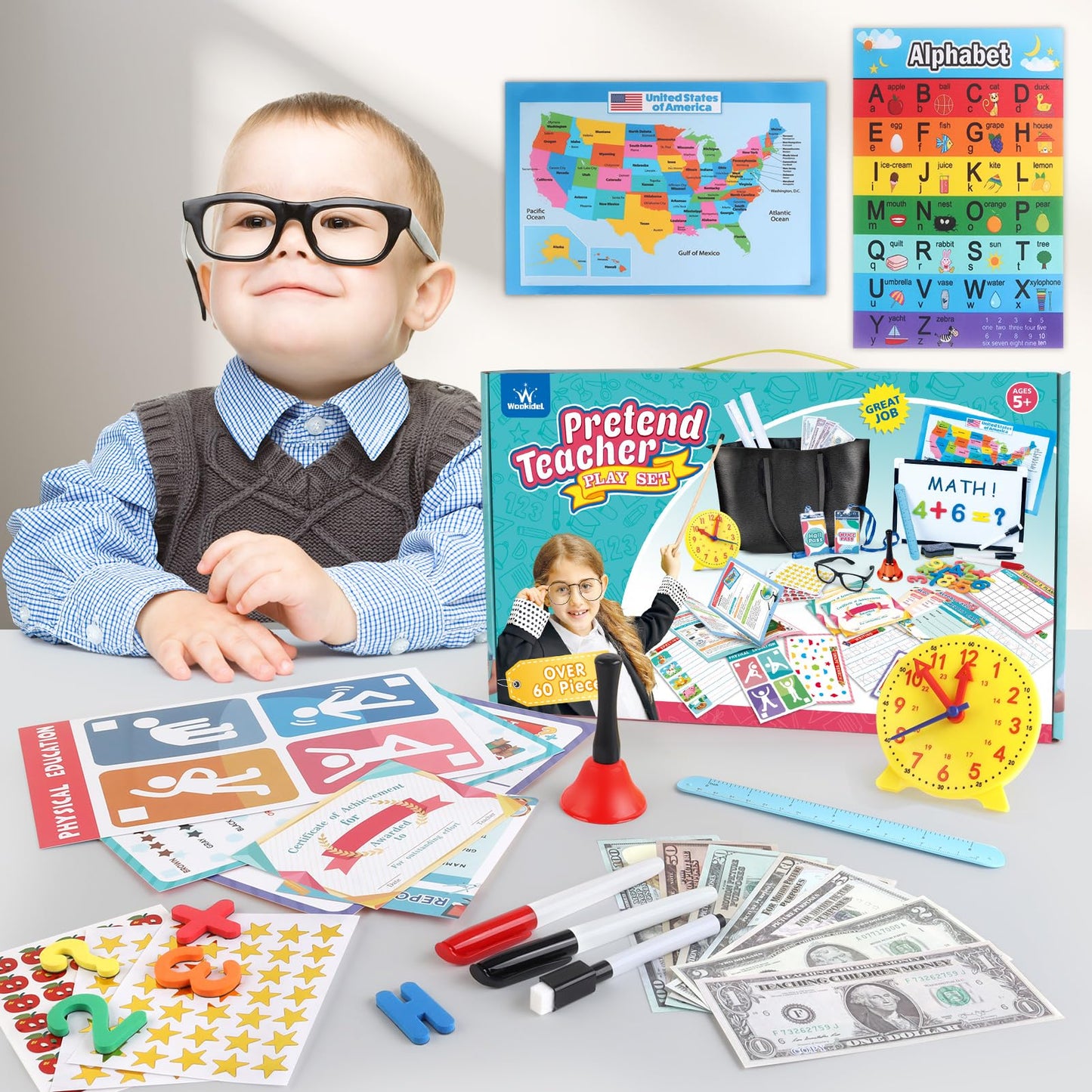 Wookidel Pretend Play Teacher Set for Kids – 40+ Pieces, Learning Clock