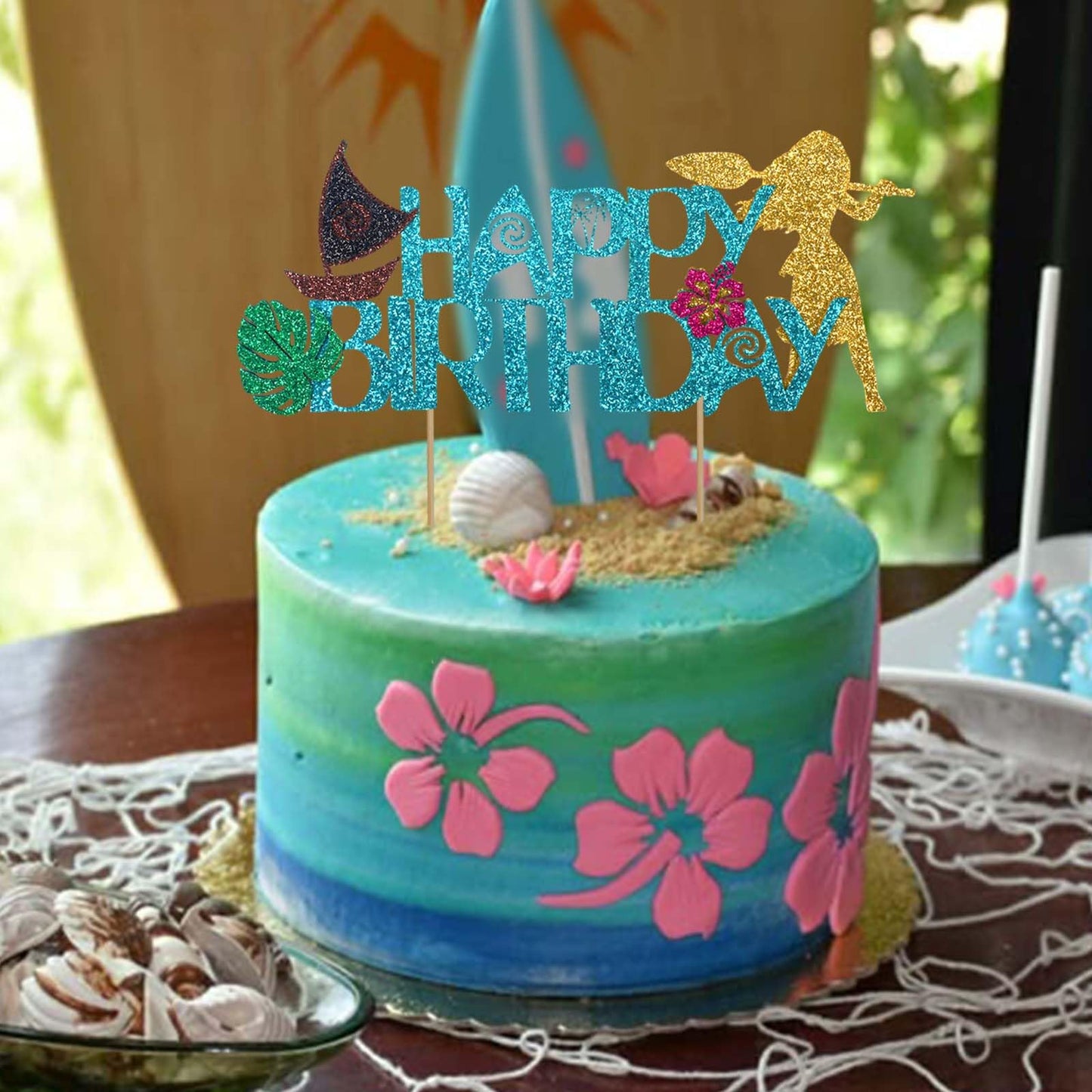 Wootkey Moa Happy Birthday Cake Topper – Sailboat Hibiscus Ocean Theme Glitter