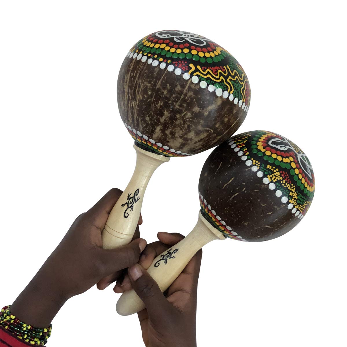 World Percussion USA Large Coconut Maracas Shaker Pair – Hand-Painted Shell, Stained Handles