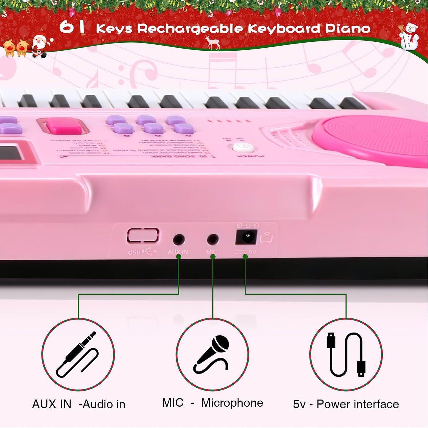 WOSTOO 61-Key Kids Piano Keyboard – Portable 24.6-Inch Electronic Piano with Teaching Mode, Mic & Recording (Pink)