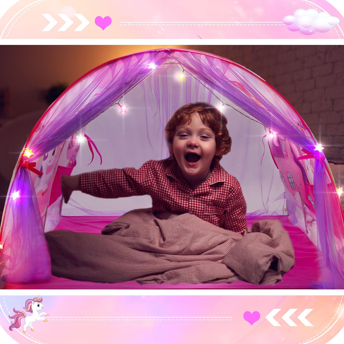 Wowangce Unicorn Bed Tent for Kids – Large Foldable Twin Play Tent with String Lights